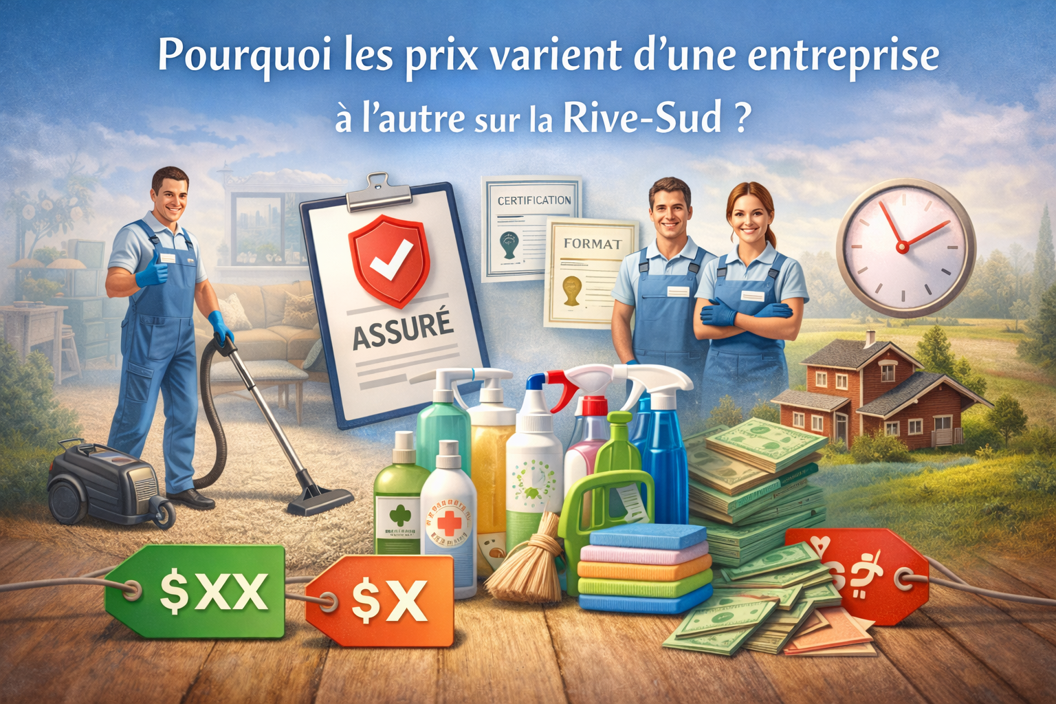 Illustration montrant les facteurs qui expliquent les différences de prix entre les entreprises d’entretien ménager sur la Rive-Sud de Montréal, incluant l’assurance, la formation des équipes, les produits utilisés, le temps de travail et la constance du service.