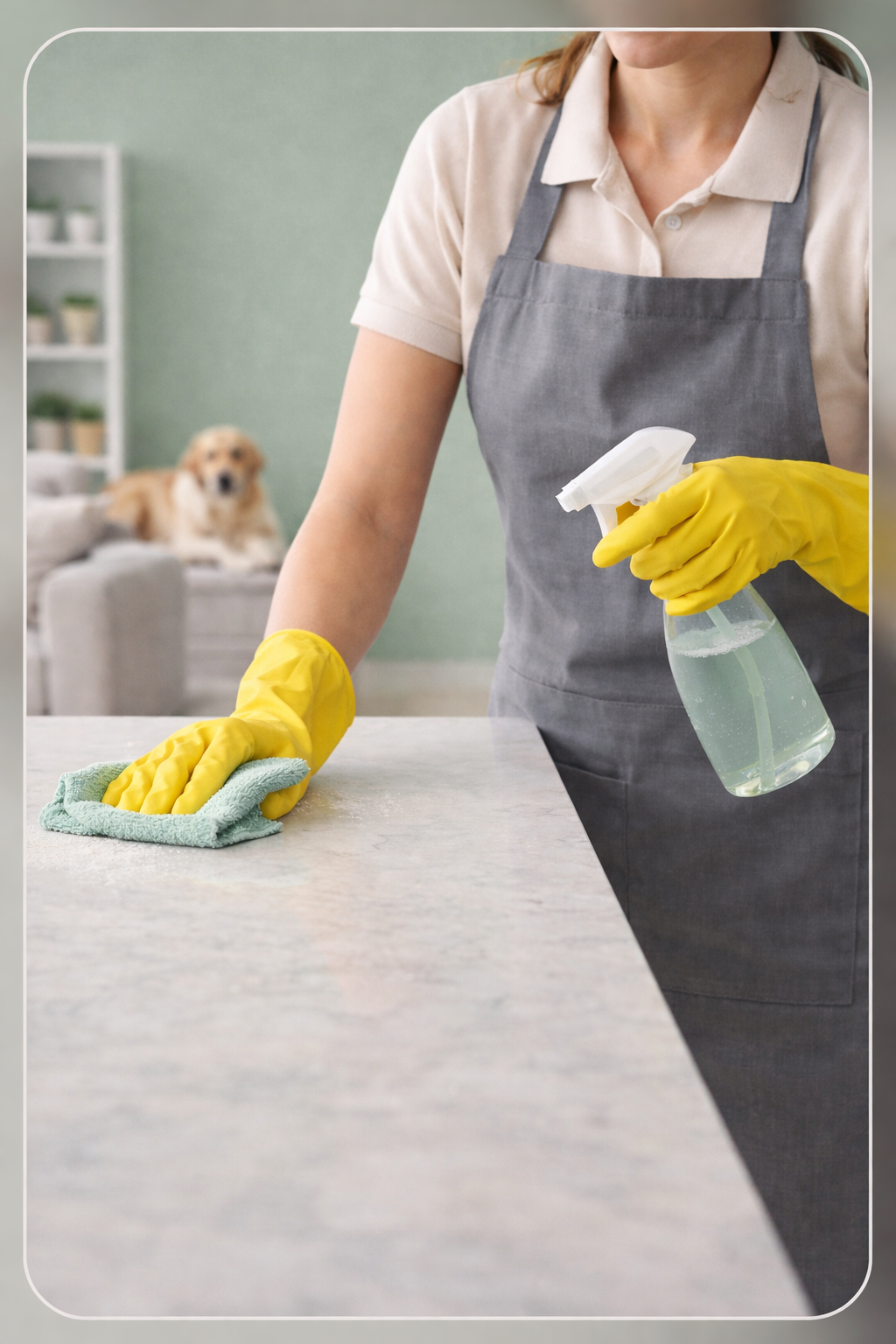 Nettoyage méticuleux d’un comptoir de cuisine lors d’un service de ménage résidentiel haut de gamme, avec un chien présent en arrière-plan.