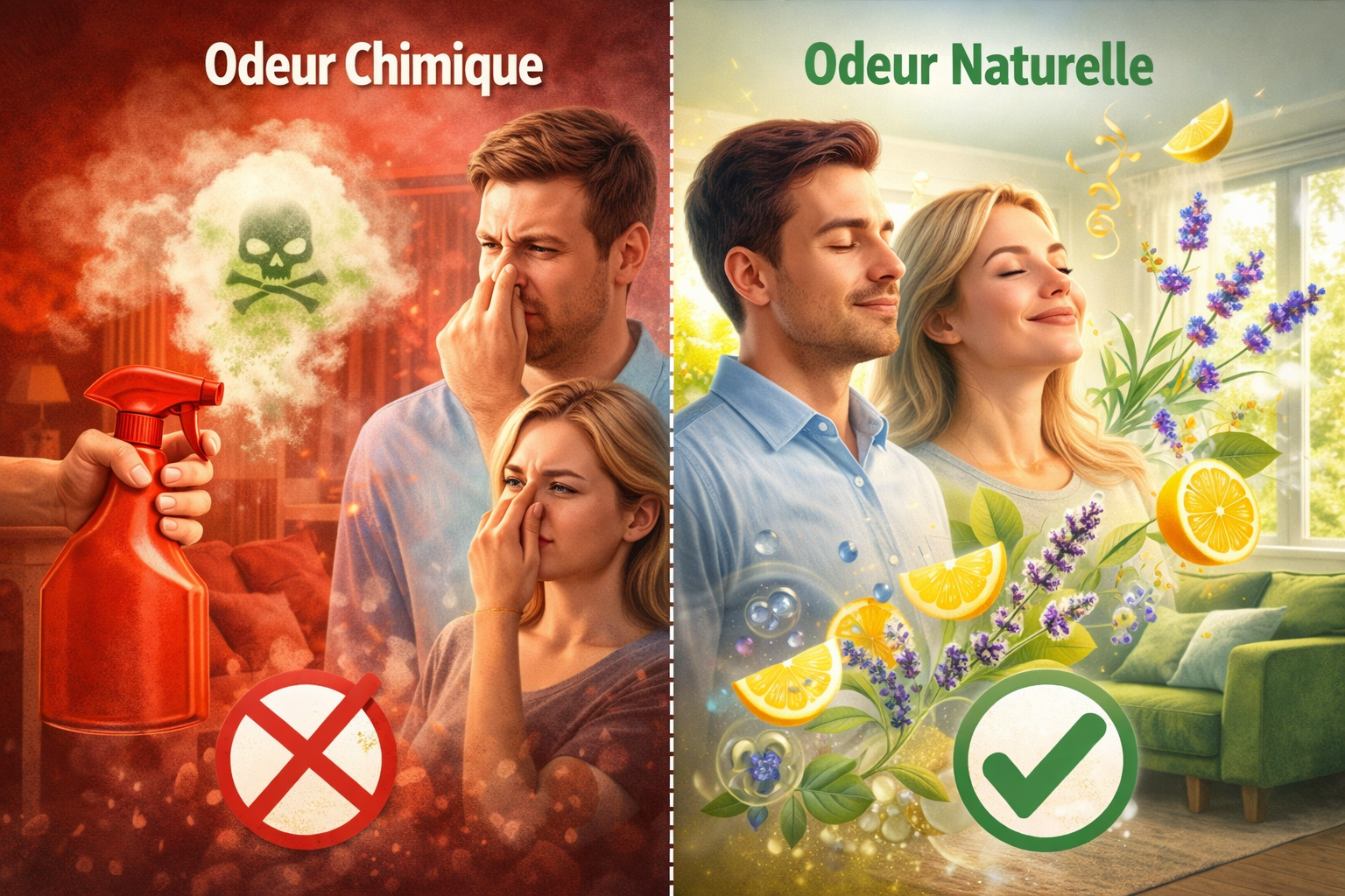 Illustration comparant odeur chimique et odeur naturelle après un ménage : à gauche, un couple incommodé par une forte odeur de produit chimique; à droite, un couple respire un air frais avec citron et lavande, montrant qu’une maison propre n’a pas besoin de sentir fort.