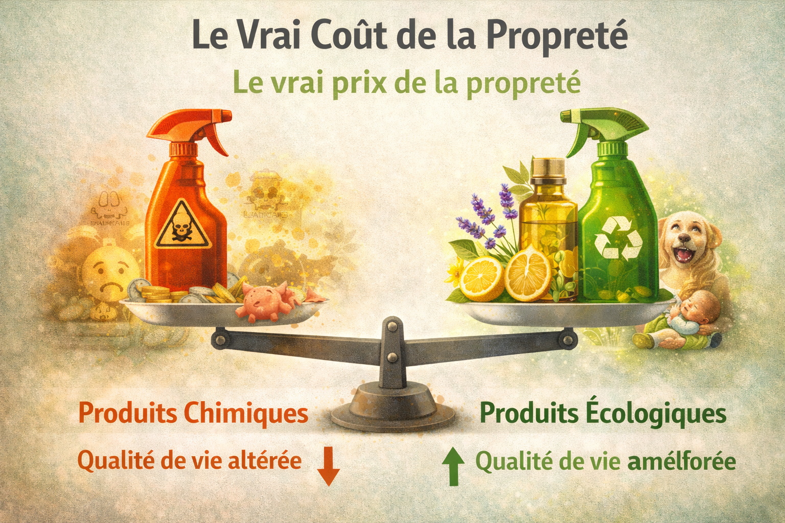Illustration comparant le vrai coût des produits chimiques et écologiques : balance montrant impact négatif sur la santé d’un côté et meilleure qualité de vie de l’autre.