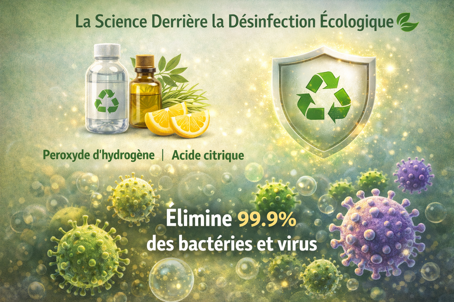 Illustration expliquant la désinfection écologique : ingrédients naturels comme peroxyde d’hydrogène et acide citrique éliminant 99,9 % des bactéries et virus sans résidus toxiques.